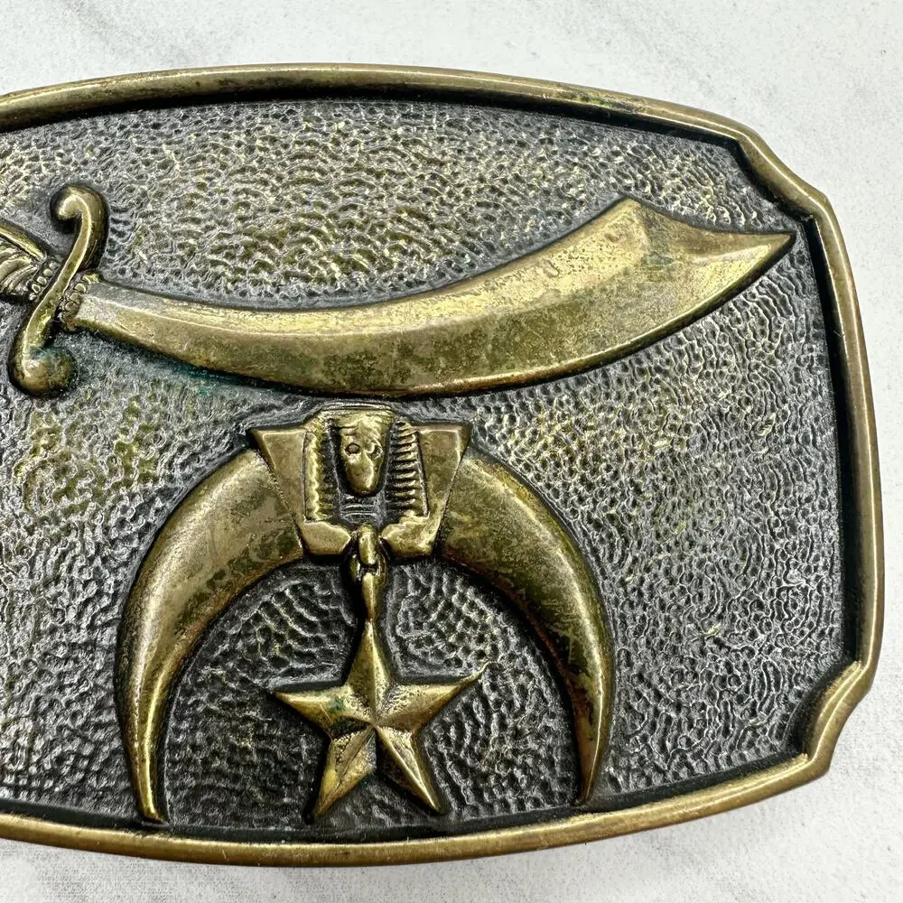 Vintage BTS Solid Brass Shriners Belt Buckle Scimitar Star USA ✨